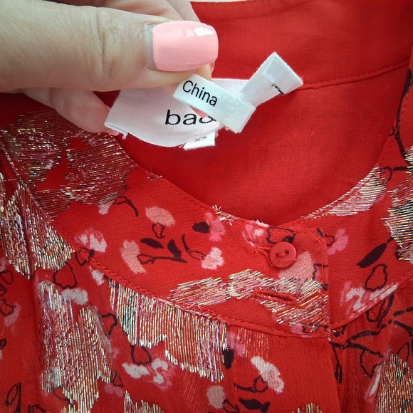 Ba&sh/ Tanama Printed Silk Blend Blouse/ Red and Metallic Gold/ Size US XS - Picture 14 of 15